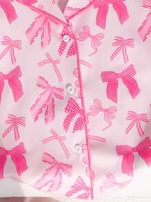 SHEIN Bộ đồ mặc nhà 2 mảnh cho bé gái: áo khoác cardigan và quần short cổ bẻ họa tiết nơ. - Nhiều màu - Xem 9