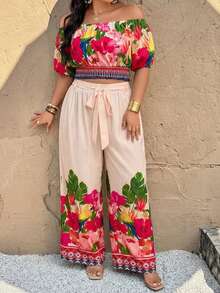 SHEIN VCAY 大码露肩短袖上衣和宽松长裤两件套 - 彩色 - 查看 1