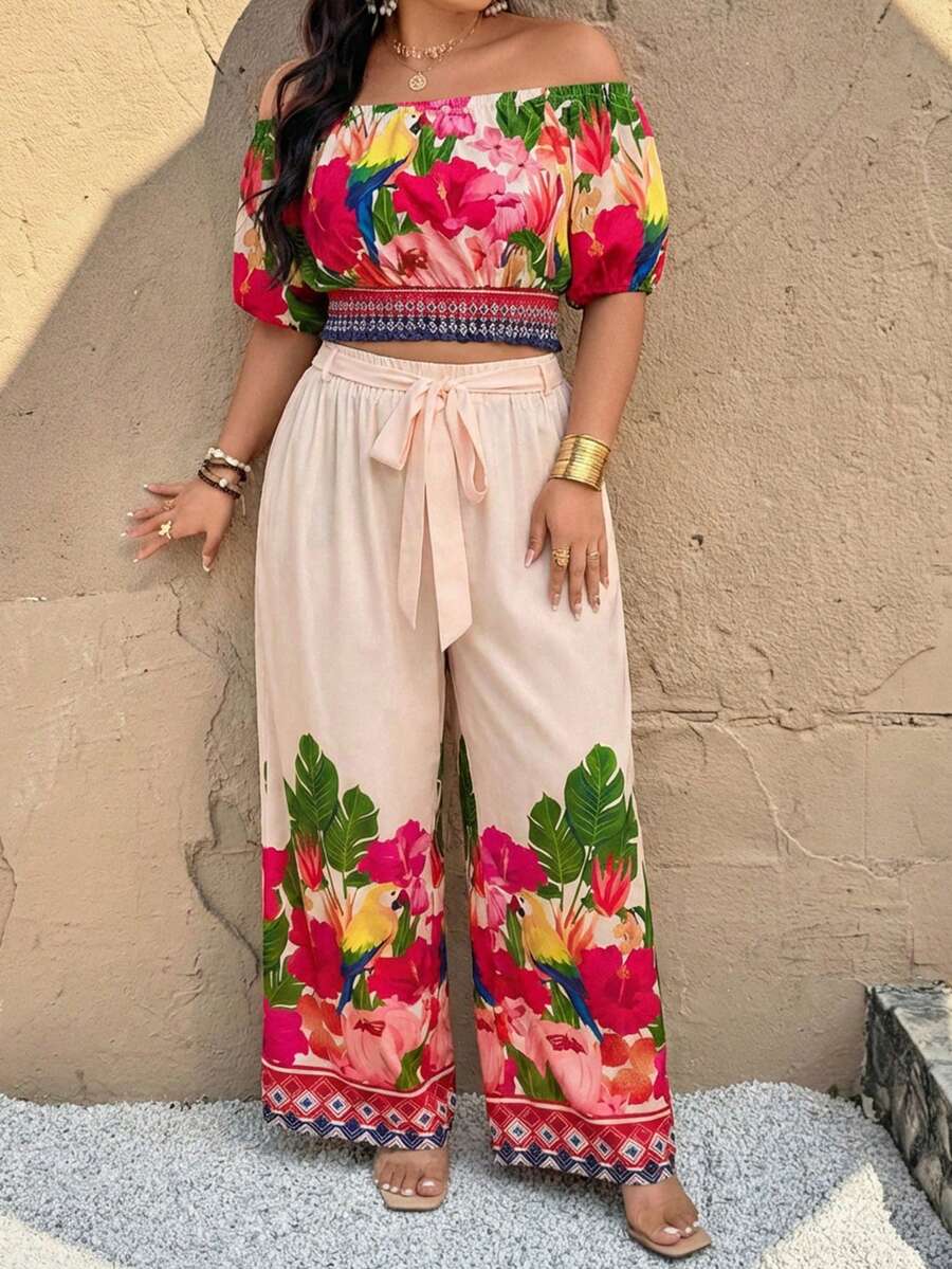 SHEIN VCAY 大码露肩短袖上衣和宽松长裤两件套 - 彩色 - 查看 1