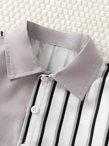 SHEIN Streecool Kids 2件組男孩時尚休閒條紋印花短袖襯衫與短褲夏季套裝 - 灰色 - 查看 8