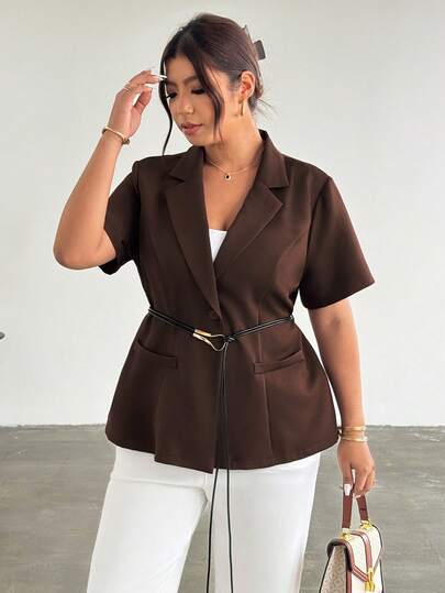 Firerie 大码女式纯色翻领短袖单排扣休闲西装外套