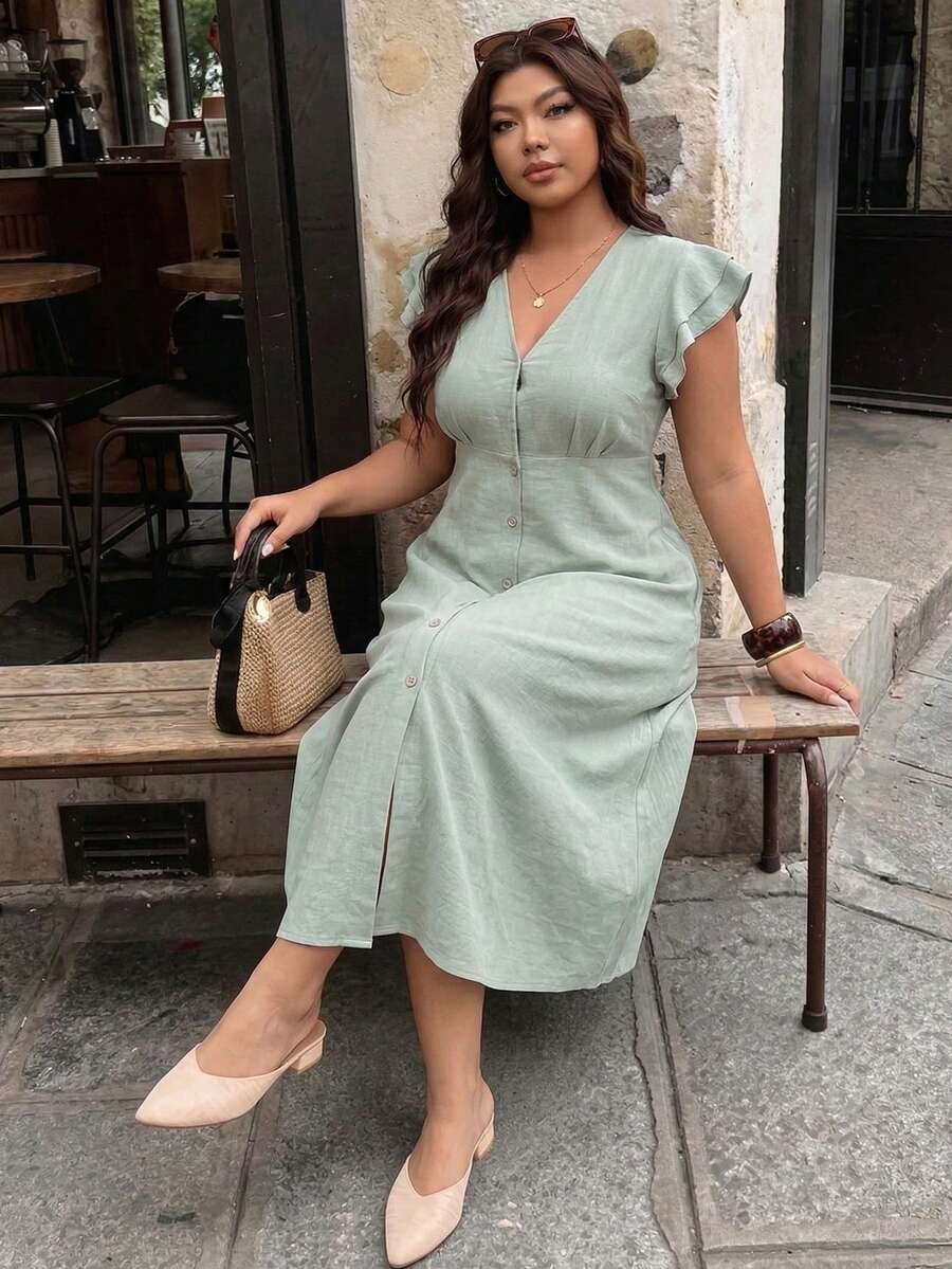 Elaquor 大码优雅V领叠层短袖度假连衣裙 - 綠色 - 查看 1