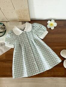 SHEIN Vintaside Kids Baby Mädchen Karokleid im Landhausstil, bequem & modisch, süß & vielseitig, 3D Kirsche Dekor, Frühling/Sommer - Grün - Übersicht 4
