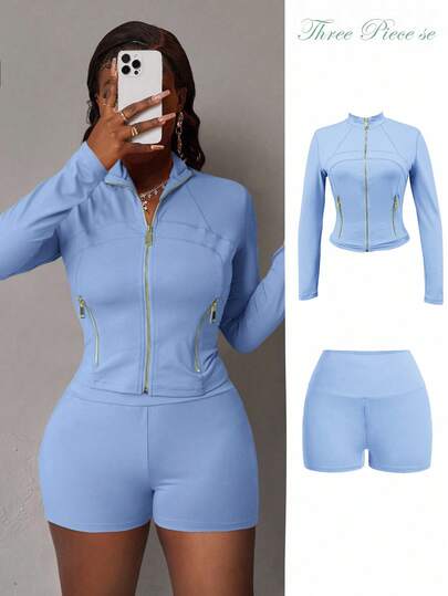 Slaydiva Women's Solid Color Stand Collar Top & Shorts 2 Pieces Set, Casual Sportswear