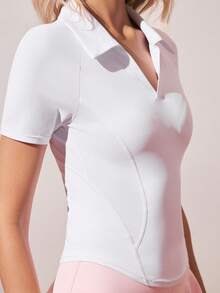 SHEIN Sports 女士修身 Polo 衫，白色，短袖，翻领，吸湿排汗面料，适合休闲穿着、跑步、瑜伽、健身、网球、高尔夫等运动。 - 白色 - 查看 7