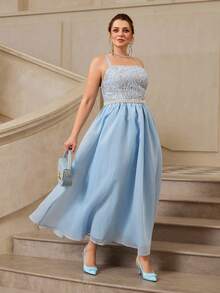 VOLUPTÉ CURVE Plus Size Summer Sky Blue Lace Cinched Waist Patchwork Spaghetti Strap Top Fairy Elegant Long Dress For Engagement Partys, Parties, Prom, Graduation - Blue - View 8