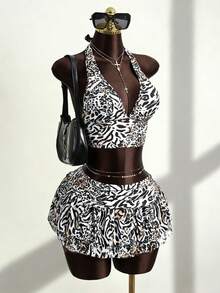 Zestiva Spring/Summer Hot Selling Leopard Print Halter Top + Triangle Bikini Bottom + Drawstring Ruched Hem Skirt 3-Piece Beachwear Set - White - View 4