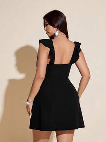 Viva Relle Plus Size Ruffle Strap Bow Tie Elegant A-Line Dress For Dates - Black - View 6