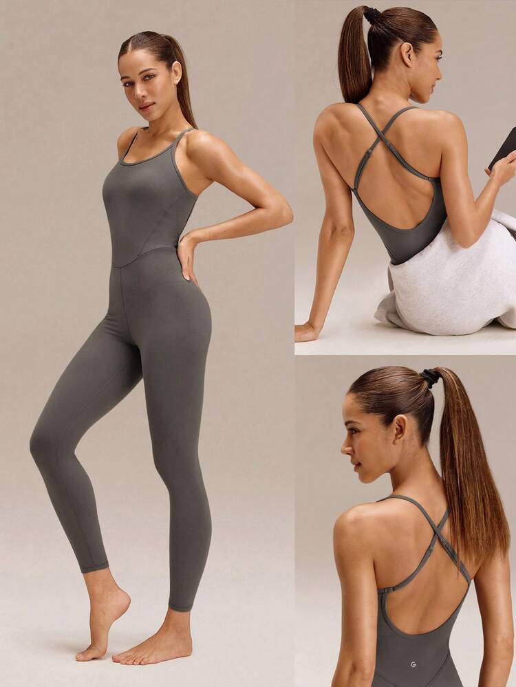 24" FeatherFit™ Tummy Control Adjustable Crossover Strap U Back Bodysuit Jumpsuit Low Impact Yoga Pilates Daily Removable Cups
