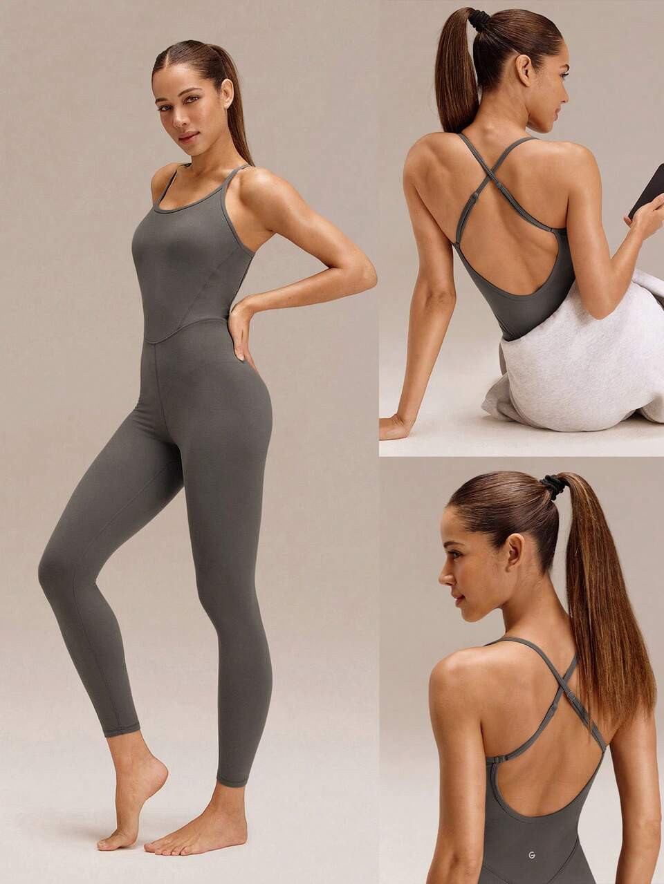 24" FeatherFit™ Tummy Control Adjustable Crossover Strap U Back Bodysuit Jumpsuit Low Impact Yoga Pilates Daily Removable Cups