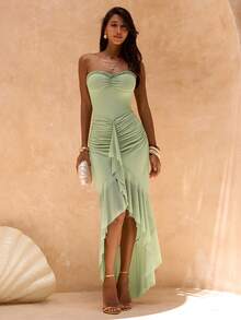 SHEIN Glamour 女士绿色网纱针织露脐抹胸连衣裙，荷叶边下摆，女士绿色性感度假派对时尚连衣裙，开衩连衣裙 - 綠色 - 查看 10