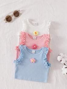 SHEIN 3件套女婴休闲上衣，包括粉色、白色和蓝色纯色罗纹无袖背心，饰有花朵图案，舒适透气，适合6个月至3岁婴幼儿夏季室内外穿着。 - 彩色 - 查看 9