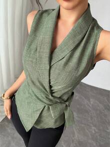 SHEIN Unity Women's Solid Color Wrapped Pleated Sleeveless Blouse, Elegant For Spring And Summer - Olive Green - View 1