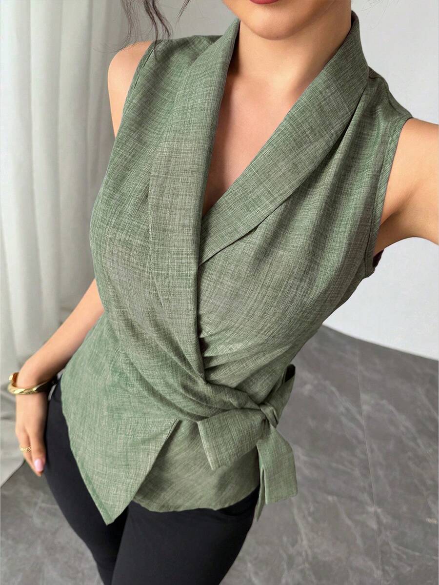 SHEIN Unity Women's Solid Color Wrapped Pleated Sleeveless Blouse, Elegant For Spring And Summer - Olive Green - View 1