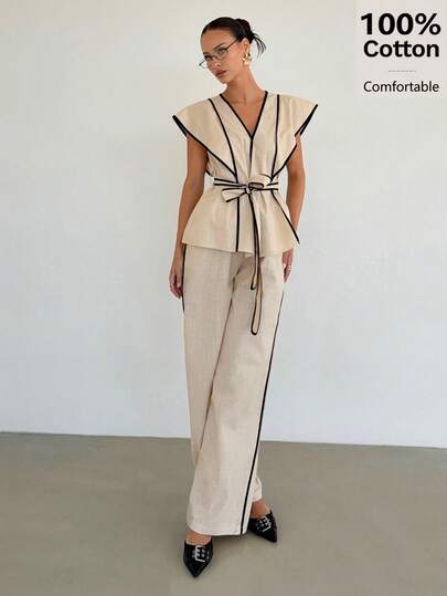 Siren Gaze Women's 100% Cotton V Neck Ruffled Top With Wide Leg Pants Two Pieces Set Comfortable Summer Outfit, Elegant Women's Two Pieces Set With Black Trim V Neck Top And Broad Leg Trousers 100% Cotton, Casual Resort Linen 2 Pieces Outfit, Cotton Casual 2 Pieces Set, Beach Vacation Outfits For Women, Peplum Top, Classy Set, Summer Casual Cotton Two Piece Set Women 2 Piece Casual Sets Woman Linen Two Piece Set Linen Two Piece Set Women Co Ord Set Women Summer Coords Sets For Women Summer