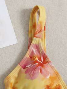 SHEIN Tween Girls' Summer Ditsy Floral Camisole Bikini And Triangle Panty Swimsuit Set, Beach Holiday - Coral Orange - View 4