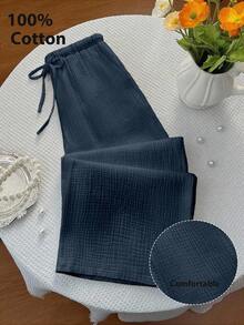 Elamini Pantalones casuales de verano para mujer de color blanco sólido, con cintura con cordón, bolsillos, de algodón puro, estilo cómodo y relajado, pantalones versátiles - Azul Marino - Ver 3