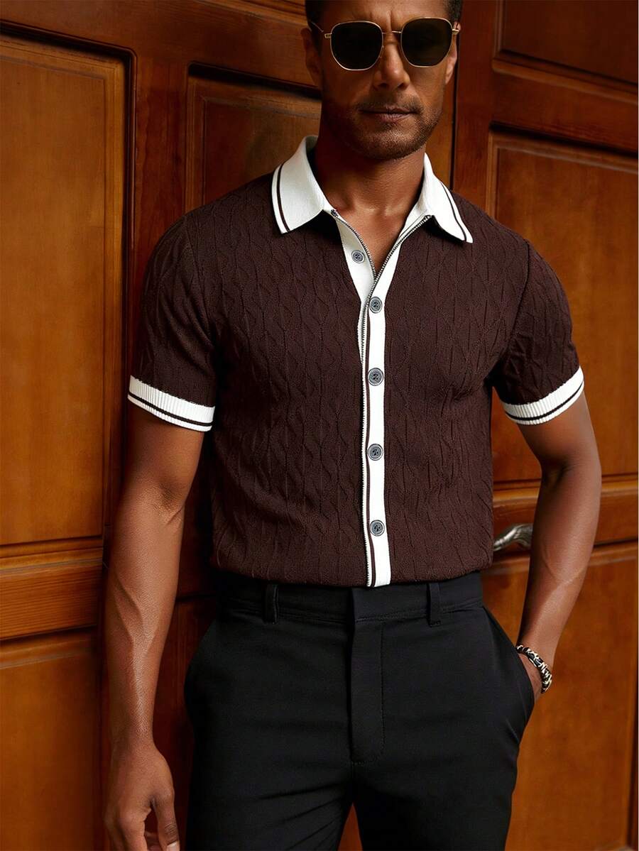 Manfinity Homme 男士對比飾邊鈕扣前襟針織 Polo 上衣,白色與棕色夏季休閒短袖領口復古上衣,適合約會與正式工作場合 - 彩色 - 查看 1