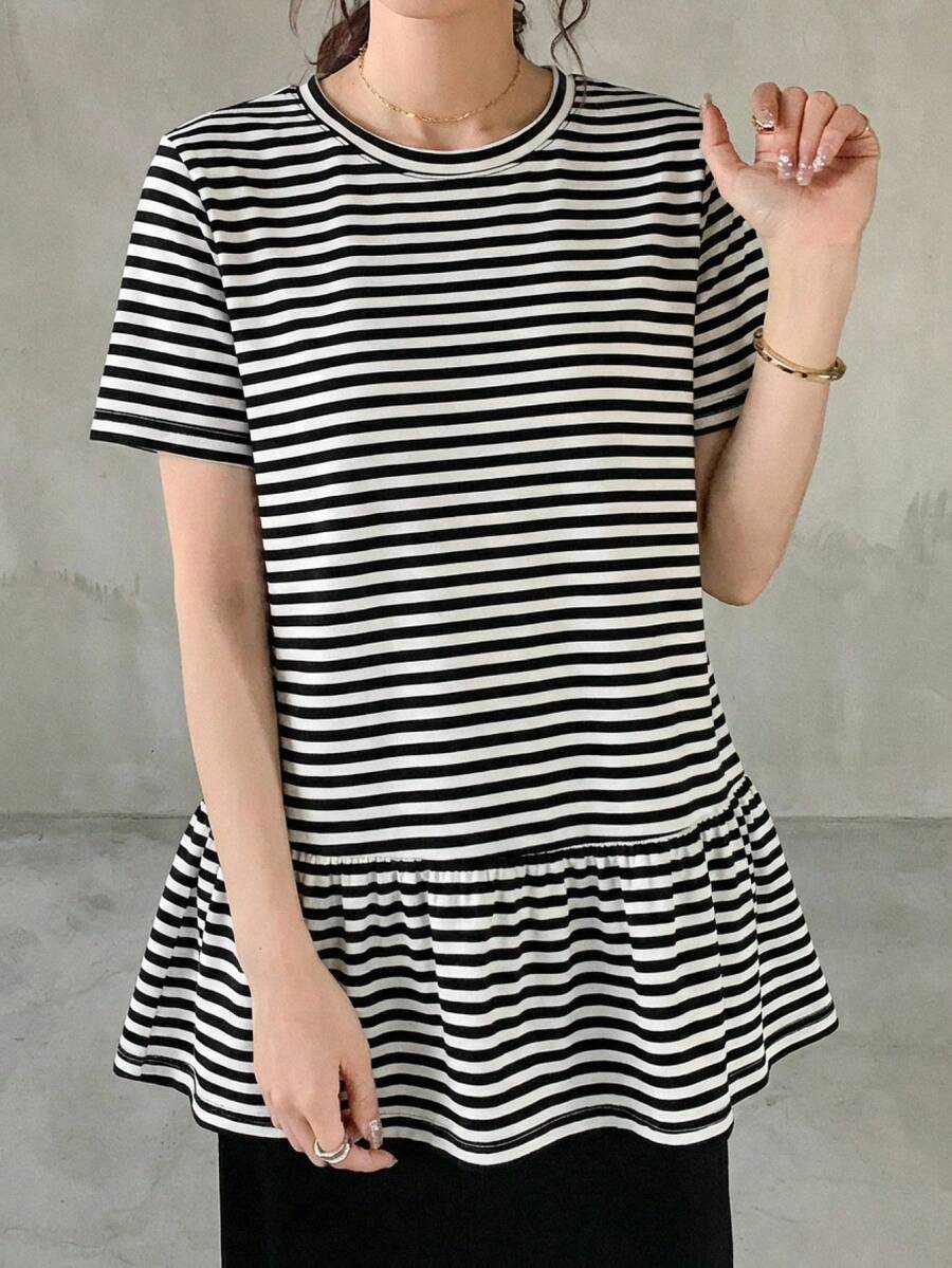 Camiseta de manga corta con cuello redondo y estampado para niñas preadolescentes, de verano - Blanco y Negro - Ver 1
