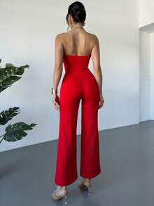 RiviMae Women's Elegant Ruffle Collar & Cuff Red Straight Leg Casual Jumpsuit - Red - View 2