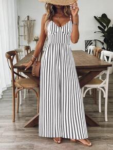 Breezaya Bộ jumpsuit nữ dáng rộng in hoa, dây mảnh, hở lưng, thích hợp cho mùa xuân/hè. - Xám - Xem 5
