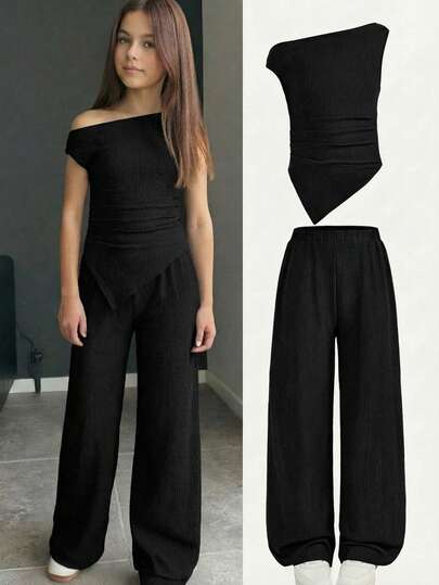 Firerie Kids 2pcs Tween Girls' Casual Ruched Off-Shoulder Sleeveless Fitted Knit Top And Flare Pants Set, Suitable For Home, Outdoor, Travel, Casual Daily Wear, And School Black Two Piece Set Women Teen Girl Outfit Set Long Pants Matching Crop Top And Pants