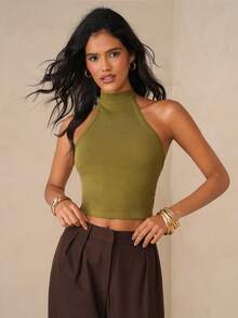 SHEIN Glamour Y2K Sexy Backless Halter Neck Camisole For Women, Summer Vacation Street Style High Neck Top Khaki Top Backless Halter Top Earthy Tops - Green - View 4
