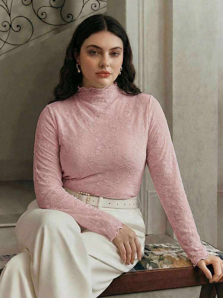 Plus Size Women Mandarin Collar Fitted Ruched Lace Long Sleeve Blouse, Versatile Pink Undershirt For Parties