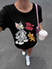 TOM & JERRY X SHEIN Buchstaben & Cartoon Grafik Lässig Loose Rundhals Kurzarm Damen T-Shirt für 2025 Neujahr, Sommer - Schwarz - Übersicht 7
