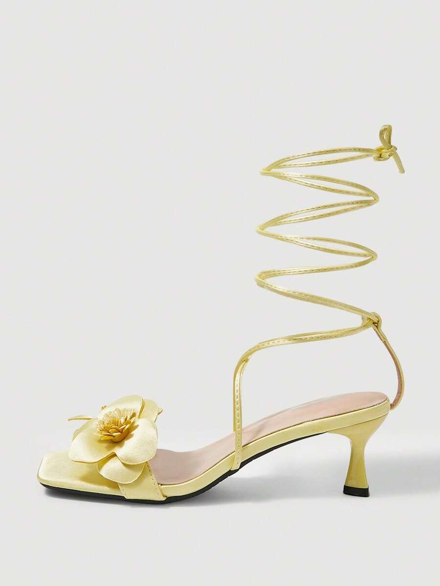 SheIn MOD Summer Yellow Sardine Flower Square Toe Thin Heel Elegant Fairy Style Roman Ladies High Heel Sandals - Light yellow - View 1