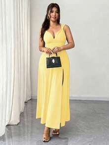 SHEIN Elenzya 2025 New Arrival Plus Size Women's Solid Color Twist V-Neck High Slit Stretchy Knit Party Dress, Versatile & Fashionable Design - Yellow - View 7