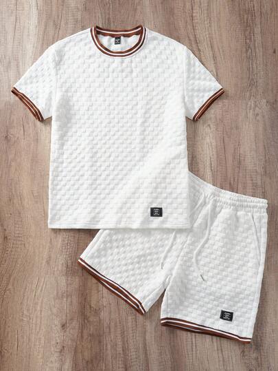 Manfinity Joysei 2pcs Men's Applique Striped Print Round Neck Short Sleeve T-Shirt And Pocket Shorts Set