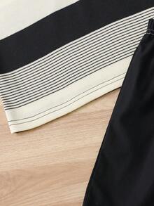 SHEIN 男童条纹无袖 Polo 衫，配纽扣半开襟针织背心和松紧腰休闲短裤套装，夏季 - 黑與白 - 查看 5