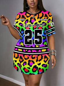 Slaydiva 休闲简约圆领彩色豹纹数字字母徽章图案赛车服，时尚街头风，运动休闲，比赛服，Y2K风格，大码 - 彩色 - 查看 3
