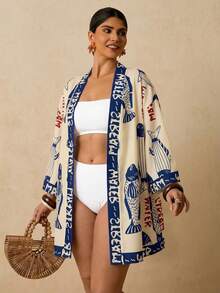 Travachic Plus Size Women's Apricot Ocean Fish Print Chiffon Kimono Cover Up,Summer Boho Beach Holiday Beige Loose Mid-Length Sleeve Bathing Suits Pattern Shirt - Blue - View 4