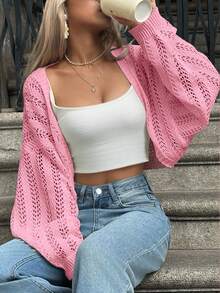 Batwing Sleeve Hollow Out Lightweight Knit Cardigan - Pink - View 7