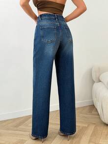 SHEIN Pantalón vaquero de pierna recta y suelta, de cintura baja, lavado azul, 100% algodón, estilo casual - Azul lavado medio - Ver 5