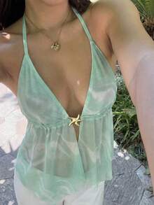 Sunnyshic Vacation Beach Tie-Dye Backless Halter Top - Mint Green - View 7