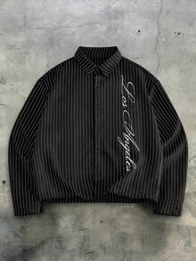 AXEPEAK 男士字母条纹印花纽扣前开襟休闲长袖衬衫黑色图案夹克街头风纽扣长袖衬衫男士条纹衬衫图案纽扣衬衫 - 黑色 - 查看 1