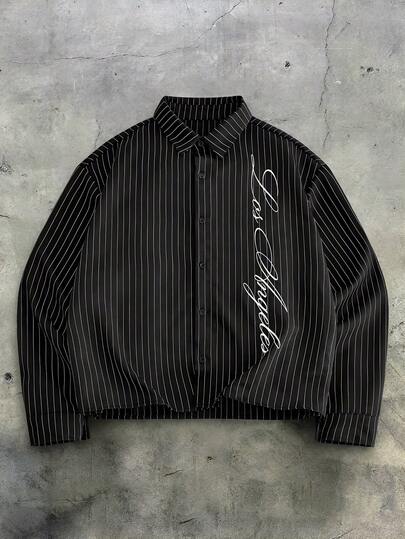 AXEPEAK 男士字母条纹印花纽扣前开襟休闲长袖衬衫黑色图案夹克街头风纽扣长袖衬衫男士条纹衬衫图案纽扣衬衫