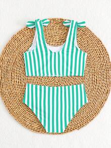 Girls' Green And White Striped Two-Piece Swimsuit With Bow Tie - New Summer Style, Skin-Friendly And Quick-Drying Swimwear. Features Include Bow Embellishments On The Shoulders, A High-Waisted, Fully Hip-Hugging Design, And Stylish Outfits For Children's Beach Vacations, Swimming Pools, And Water Parks. A Must-Have For A Fresh And Energetic Look. Bikini Sets For Kids Bathing Suit For Girls Beach Outfit For Kids Beach Outfit For Kids Girl Bathing Suits For Toddlers Bathing Suits For Kids Swimsuit For Toddlers - Mint Green - View 2