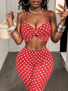 BamGleam 女士波点褶皱吊带背心和七分裤两件套休闲套装，女士度假套装，女士两件套波点两件套，女士夏季两件套，女士两件套休闲套装，女士两件套休闲波点套装 - 紅色 - 查看 7