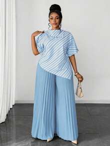 Maweii 不对称下摆数码印花衬衫+松紧腰褶皱阔腿裤两件套，适合春、夏、秋、冬四季穿着，也适合万圣节、感恩节、圣诞节等节日场合，优雅时尚，通勤和约会皆宜。 - 淺藍色 - 查看 1