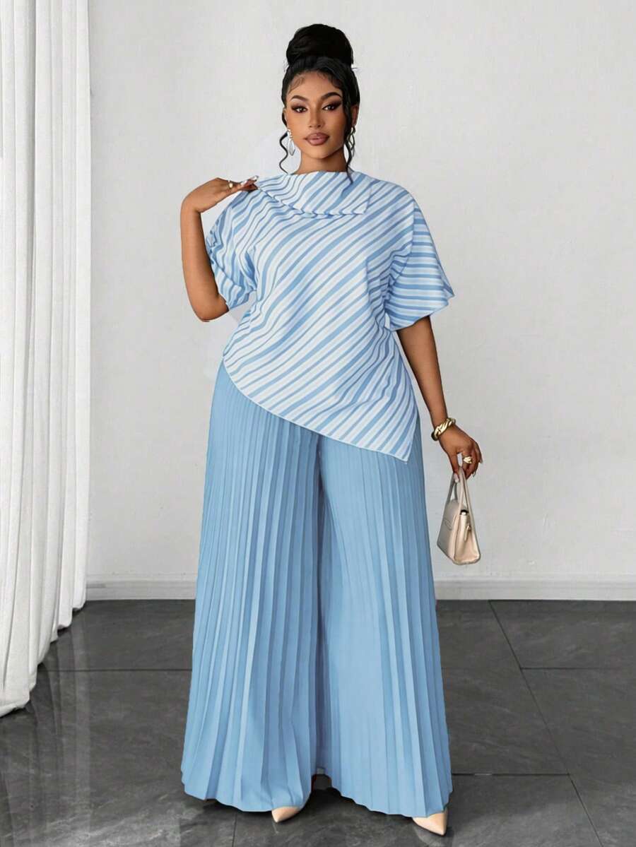 Maweii 不对称下摆数码印花衬衫+松紧腰褶皱阔腿裤两件套，适合春、夏、秋、冬四季穿着，也适合万圣节、感恩节、圣诞节等节日场合，优雅时尚，通勤和约会皆宜。 - 淺藍色 - 查看 1