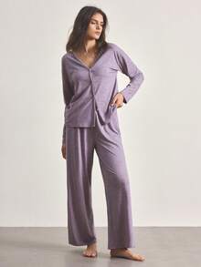 Ocili Minimalist Comfortable Collarless Soft Pajama Set For Women - Mauve Purple - View 4