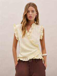 Nöista Casual Striped Ruffle Hem Sleeveless Top, Summer - Light Yellow - View 1