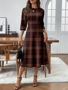 EMERY ROSE 女士格子圆领七分袖优雅中长连衣裙，格纹连衣裙，秋季连衣裙，格子连衣裙，女教师连衣裙，秋季女装，休闲装 - 白色 - 查看 3