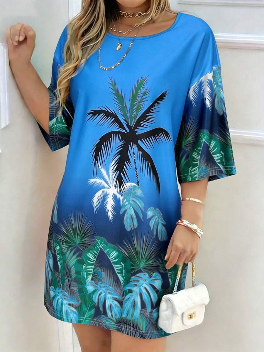 Breezaya 女士夏季海滩度假风印花短袖宽松迷你连衣裙度假海滩套装 - 寶藍色 - 查看 1