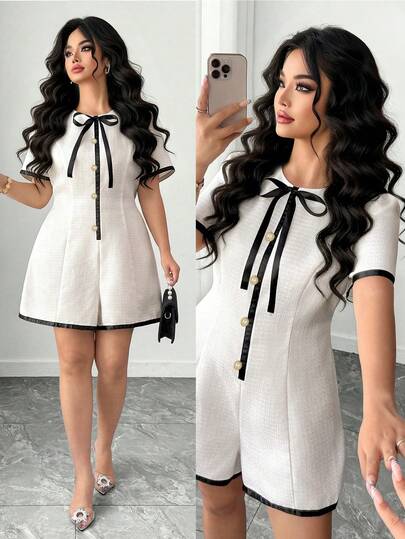 Elenzga Plus Size Women's New Contrast Color Bow Decor Round Neck Short Sleeve Pearl Button Waist Slimming Jumpsuit. Suitable For: Afternoon Tea/Light Luxury Store Visit, Girlfriend Gathering/Small Party, Commuting, Dating, Short-Distance Travel/City Strolling