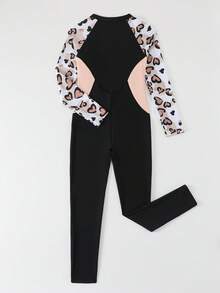 SHEIN 少女连体泳衣，黑粉拼接，长袖长裤，豹纹爱心印花，运动风，时尚优雅，淑女范儿，活泼可爱，充满活力，适合游泳、海滩、泳池、拍照、水上乐园、水疗中心等场合，是夏季礼物的理想之选。 - 黑色 - 查看 4